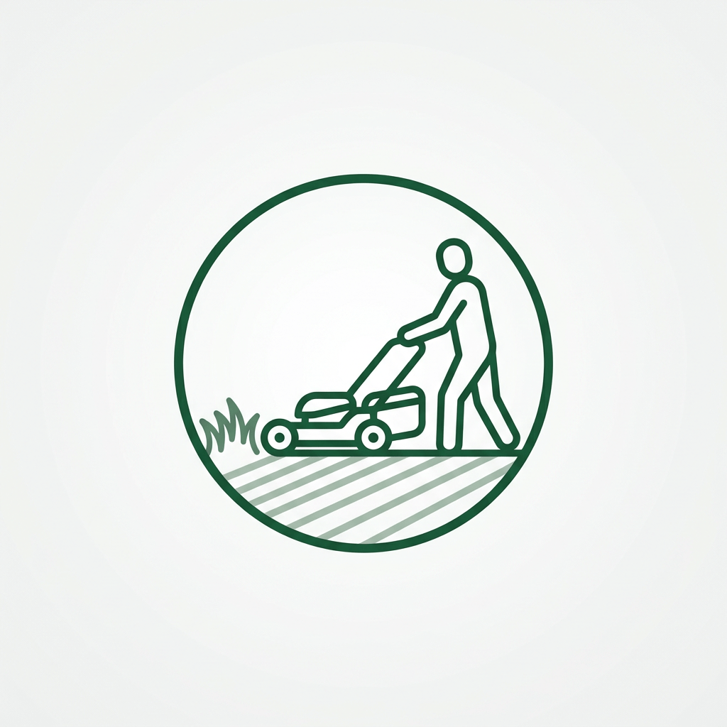 Outline of a person pushing a lawn mower cutting grass inside a circle