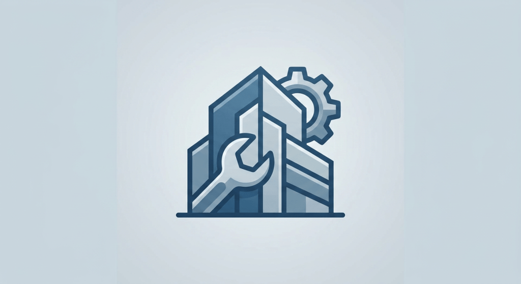 Icon showing a building with a wrench and gear symbol for maintenance