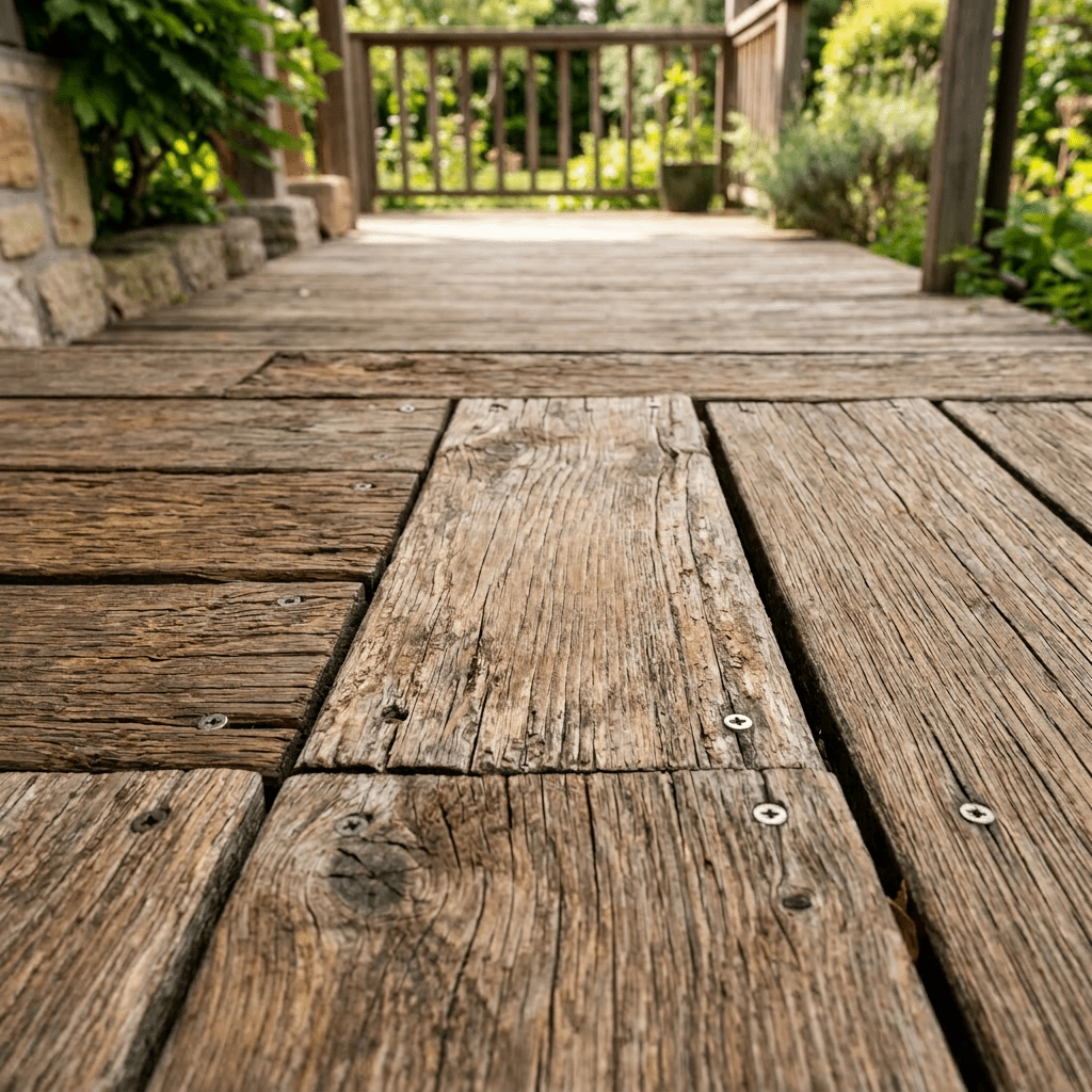 Weathered wooden deck boards with an oil can symbol painted in black