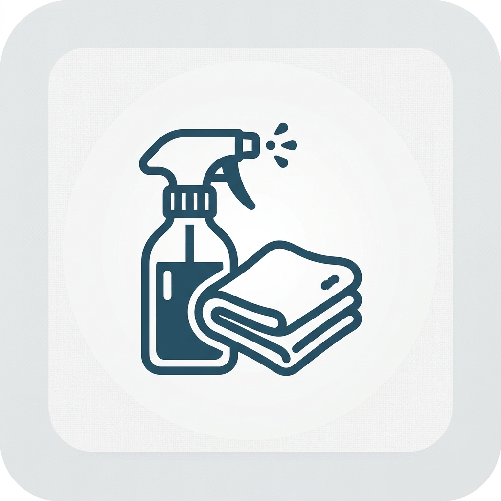 Cleaning spray bottle dispensing liquid next to a folded cleaning cloth
