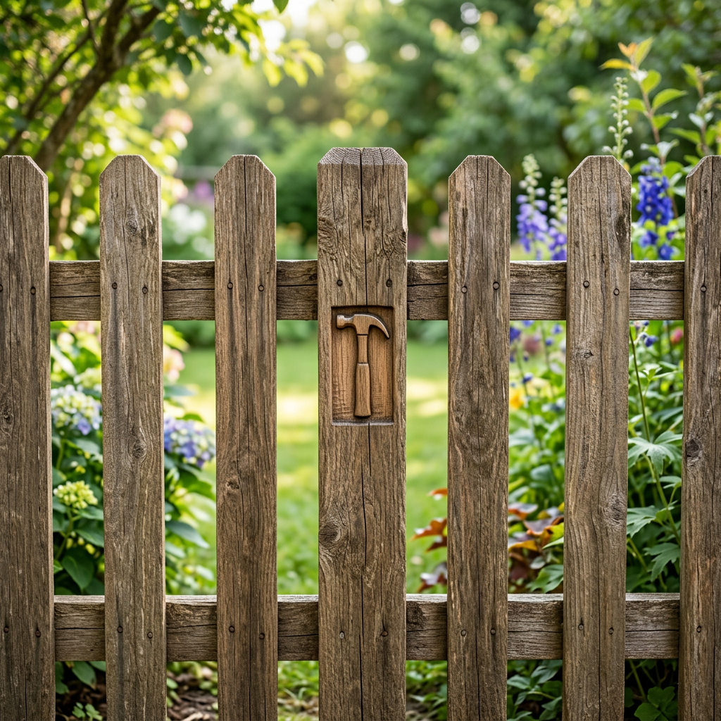 Wooden garden fence with carved hammer symbol in one slat