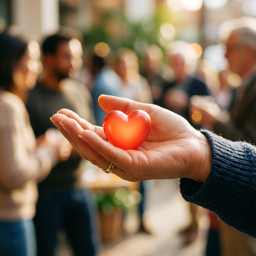 Hand holding a small red heart figurine